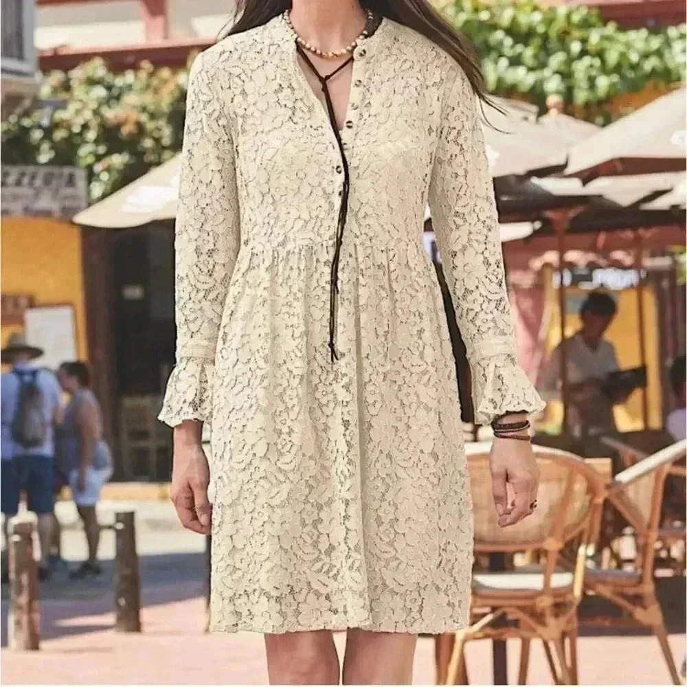 Sundance Victoria Ivory Lace Babydoll Dress Small Empire Waist High Neck Boho